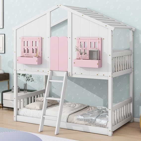 PVWIIK Twin Over Twin House Bunk Beds with Window Door,Pink/White | House Bunk Beds with Window Door & Roof, Solid Wood Playhouse Bunk Bed w/Window Box & Ladder,No Box Spring Needed