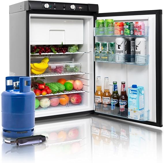 SMETA Propane Refrigerator 3.5 Cu.Ft, RV Fridge 3 Way Power, Off Grid Compact Gas Refrigerator with Freezer, LPG/110V/12V For Camping Camper Semi Truck Cabin Outdoor Travel, Black