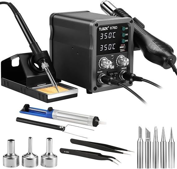 878D 2-in-1 Hot Air Soldering Iron Station Kit for Rework, Desoldering Pump, 5 Soldering Tips, 3 Hot Air Nozzles,Tweezers, IC extractor