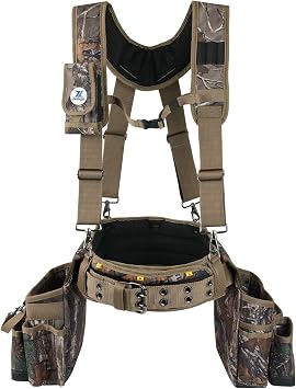 Zeluga 20-523 Large Pockets Tool Belts for men with Suspenders, 4" Padded Toolbelt, Steel Hammer Holster, Carpenter Tool Pouch, Professional Tool Vest for men Construction, Camo