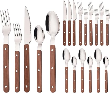 20-Piece Silverware Eating Utensils Set with Retro Handle, Service for 4, BRIIEC Stainless Steel Flatware Knife Fork Spoon Set Mirror Dishwasher Safe - Brown Handle