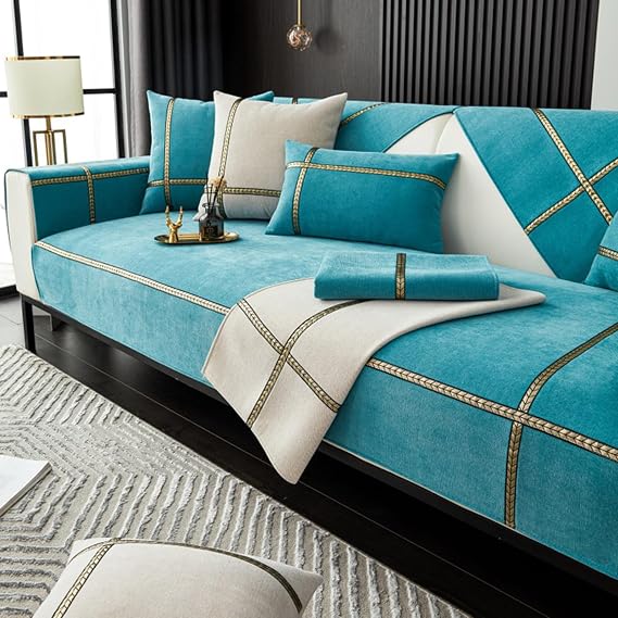 Non-Slip Sofa Slipcovers 1 2 3 4 Seater Chenille Couch Covers For Leather/Wooden/Fabric Sofa L/U Shaped Corner Simple Sofa Cover Balcony Anti-Scratch Blanket For Cat Dog(Pillowcase:30X50cm,Blue)