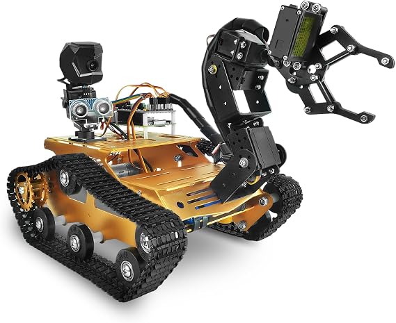 Robot Car Kit with Raspberry Pi 4B/5, 4DOF Robotic Arm, Aluminum Alloy Tracked Chassis Kit, Smart Robot Car with Robotic Arm, APP/PC WiFi/Bluetooth Control (Gold, with Raspberry Pi 4B 4GB)