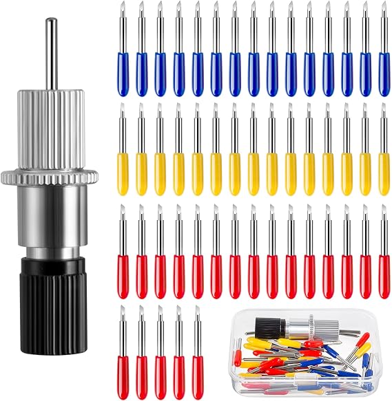 50Pcs Replacement Spare for Cricut Maker Explore Air/Air 2/Air 3, Fine Point Explore Air 2, 15pcs Yellow 30° Fine, 30pcs Red 45° Standard, 15pcs Blue 60° Deep Point, with Holder Base, Box