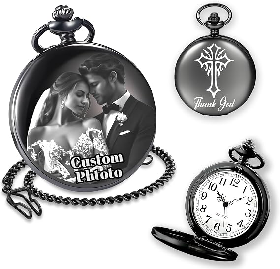 Personalized Engraved Pocket Watch Custom Text Photo Pocketwatch with Chain Retro Style Pocket Watches Gift for Grandpa Husband Son Dad Best Men
