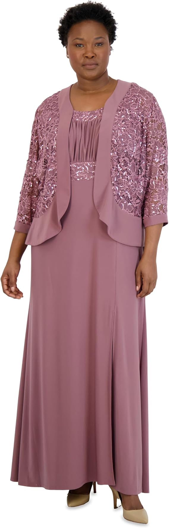 R&M Richards Women's Elegant Sequin Lace Jacket W/Ruffle Front & Shimmering Embellishments