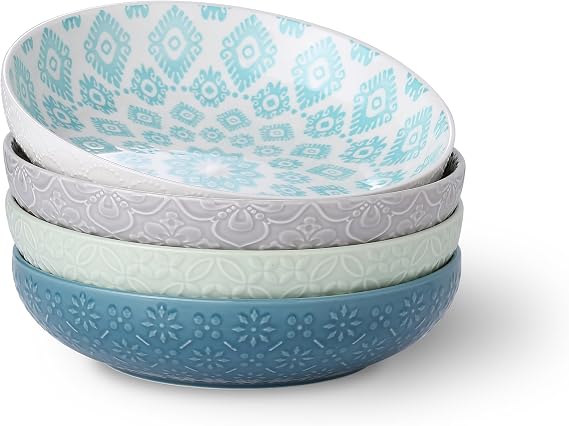Pad Print 13 Dinner Bowls 8.5'' Set of 4 by Signature Housewares, Multicolor, 22oz, Aqua Multi