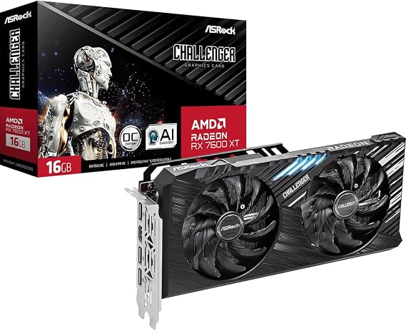 ASRock Radeon RX 7600 XT Challenger 16GB OC Graphics Card, 2799 MHz Boost Clock, 16GB GDDR6, AMD RDNA 3, DisplayPort 2.1, HDMI 2.1, Dual 8-pin, 0dB Silent Cooling