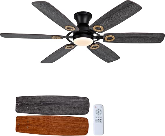 52 Ceiling Fan with Lights and Remote, Black Flush Mount Low Profile - Dimmable LED, 6 Speed Noiseless DC Motor, Reversible for Bedroom, IndoorOutdoor Use with Walnut Blades
