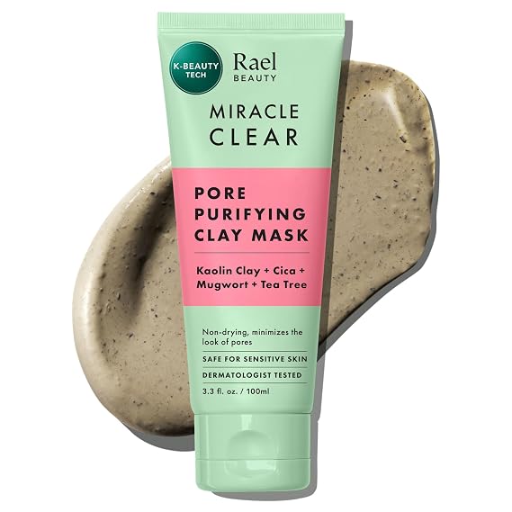 Rael Miracle Clear Clay Mask, Gentle Face Wash Off for Pore Care (3.4 oz) | Deep Pore Cleanser with Tea Tree & Gentle Exfoliation for Pore Care, Facial Mask, Korean Skin, for Sensitive & Oily Skin