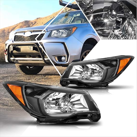 PM PERFORMOTOR Factory Style Headlights Assembly Compatible with Subaru Forester 14-16 | Headlamps with Black Housing Amber Corner