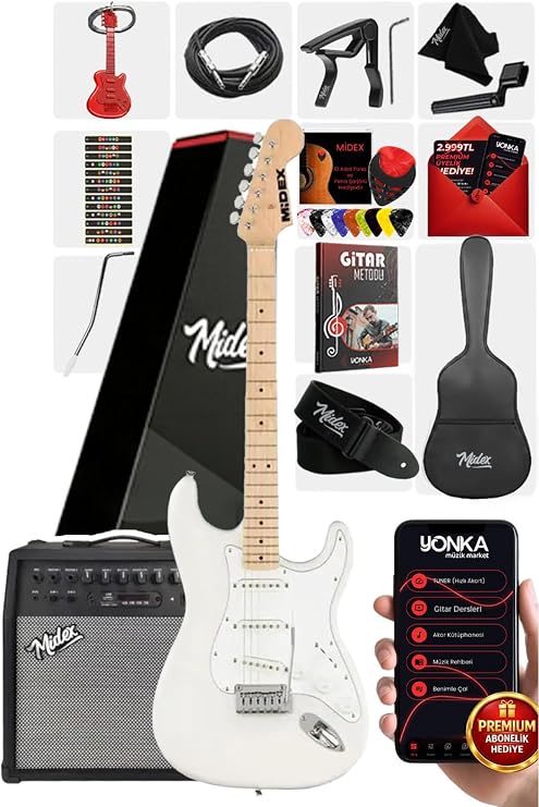 Midex RPH-30WH-50AMP Maple Klavye SSS 50W Amfili Elektro Gitar Seti