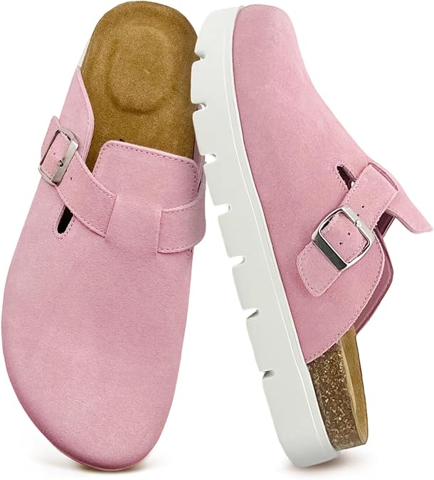 100% Genuine Leather Platform Clogs for Women Memory Foam Arch Support Slippers Women's Mules & Clogs Sandals Non-Slip Cork Footbed Adjustable Buckle Casual Shoes