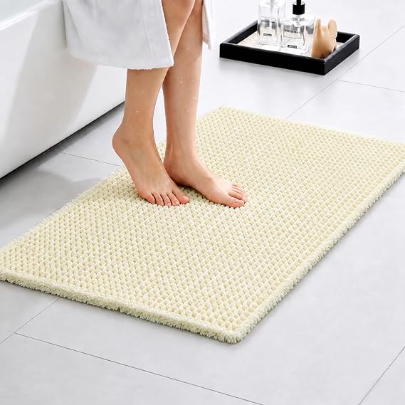 Waffle Bath Mat with Tassels 36x24 Non Slip Absorbent, Cream Yellow