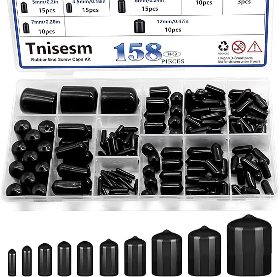 Tnisesm 158Pcs Rubber End Caps - Black Round Vinyl End Caps Bolt Screw Covers & Protectors in 2/25" to 4/5"