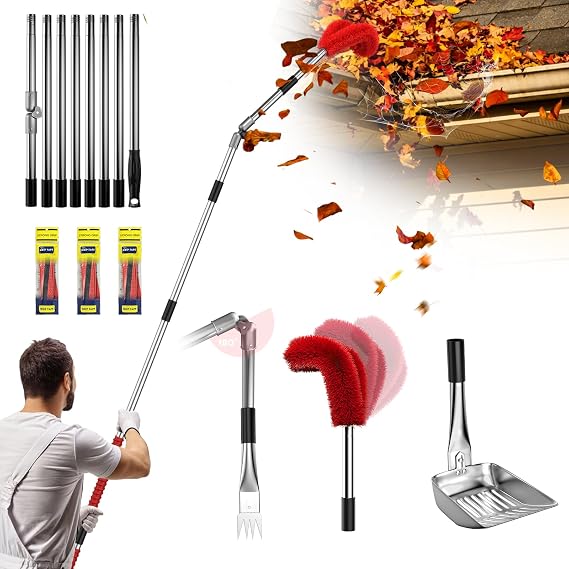 13ft Gutter Cleaning Tools From the Ground, No Ladder Needed, 3-in-1 Gutter Cleaner Pole with Replaceable Brush Rake Scoop, 180 Adjustable Angle for Leaves & Debris Cleaning with Grip Tapes, Red