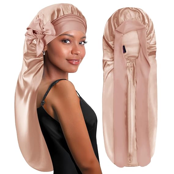 BONNET QUEEN Braid Bonnet Silk Bonnet Foldable Extra Long Wrap for Braids Satin Bonnets with Tie Band Long Sleep Cap, Champagne