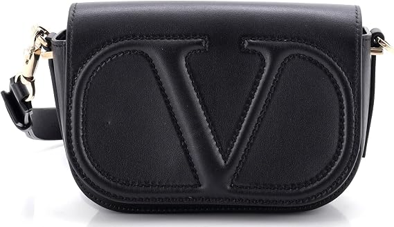 Pre-Loved VLogo Flap Shoulder Bag Leather Small, Black