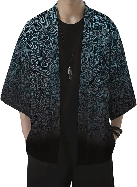 INVACHI Men's Kimono Jacket Seven Sleeve Open Front Kimono Cardigan Lightweight Patterned Japanese Shirt