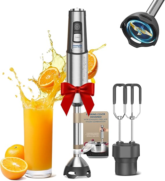 Anybear Immersion Blender 1100W, Handheld Stick Blender with Full Copper Motor & Stainless Steel Body, 15 Speed & Turbo Mode, 2-in-1 Hand Mixer with Dual Beaters & Anti-scratch Blade (Gray)