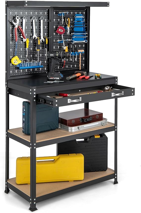 IRONMAX 32" Workbench with Long Drawer & 14 PCS Hanging Kits, Blue | Heavy Duty Workstation Organizer with 2 Storage Shelves, Work Bench Table for Garage, Home, Workshop, Auto Shop, Basement