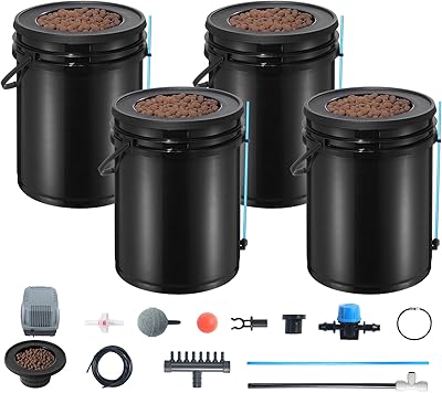 Happybuy DWC Hydroponics Grow System, 5-Gallon 4 Buckets, Deep Water Culture with Top Drip Kit, Air Pump, Air Stones, Water Level Device for Leafy Vegetables