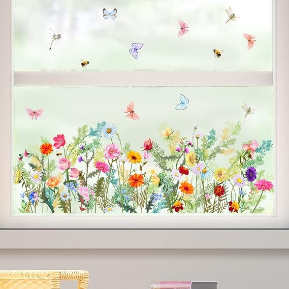 Wajade Garden Flowers Wall Decals Watercolor Colorful Floral and Butterflies Wall Stickers Removable Self-Adhesive Wall Mural Wall Art for Living Room Bedroom Hallway