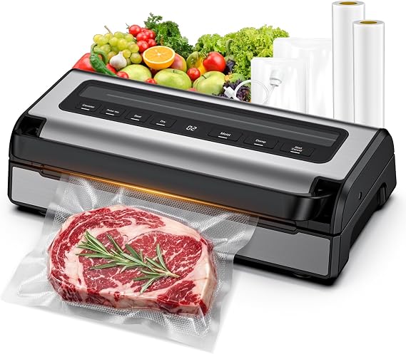 Vacuum Sealer for Food, Complete Starter Kit Includes 2 Rolls & 10 Bags, All-in-One Automatic Food Sealer machine with Built-in Cutter & Bag
