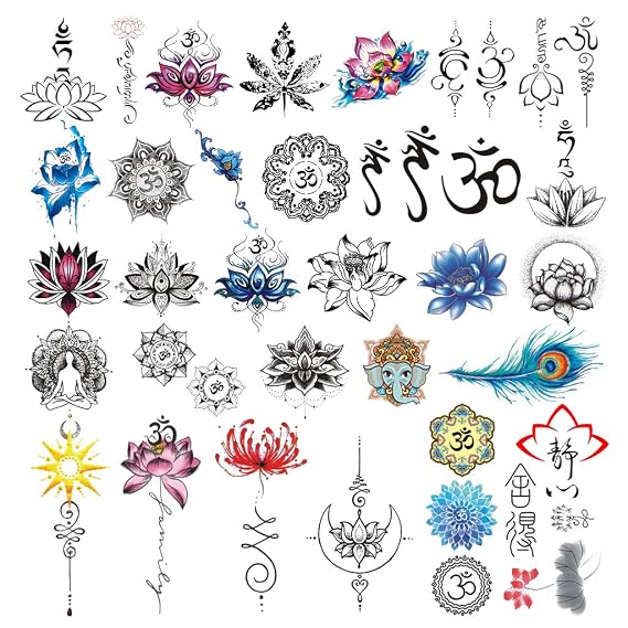 CARGEN Realistic Lotus Temporary Tattoos - 30 Sheets Yoga Style Stickers OM Lycoris Mandala Flower Elephant Moon Peacock Feather Sanskrit Tibetan Meditation Fearless Temporary Fake Tattoo Body Art