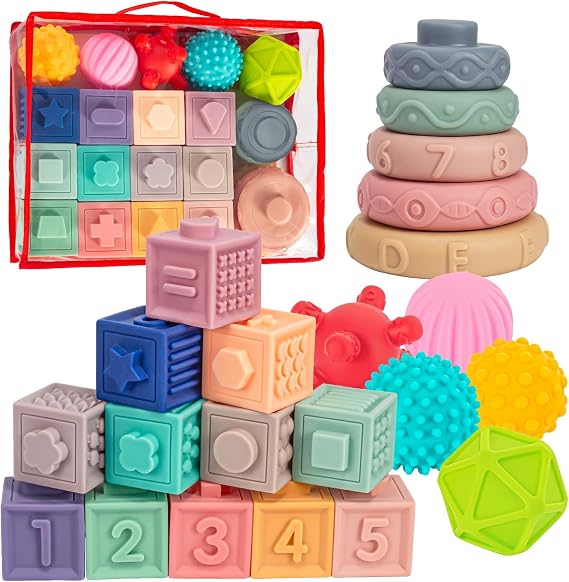 3 in 1 Baby Toys,Montessori Baby Blocks for 0-3-6-12 Months Babies