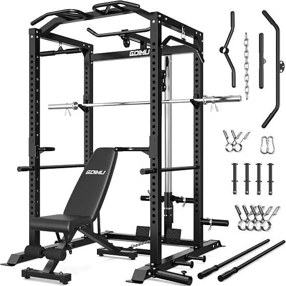 C1-V4 Power Cage, 2000LBS Squat Rack with LAT Pulldown, Multi-Function Weight Cage Strength Training Machine, Workout Cage with More Attachments for Home Gym Garage