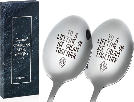INNObeta Ice Cream Spoons, Gifts for Couple, 2 Pcs Stainless Steel Spoon | To a Lifetime of Ice Cream Together, 304 Stainless Steel, 7.5 Inches, Dishwasher Safe, Laser-engraved Design
