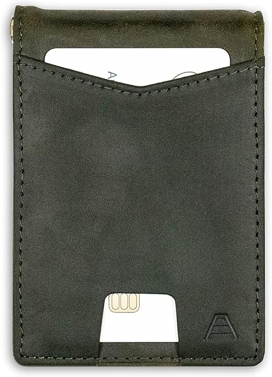 Andar Leather Slim RFID Blocking Minimalist Bifold Wallet with Money Clip made of Full Grain Leather - The Apollo (Olive Gray)