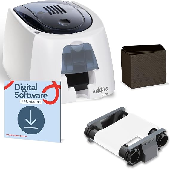 Price Tag Access - Card Printing Pack - Durable, Easy-to-Clean, Customizable Price Tag - Fast Monochrome One-Sided Printing - Includes Printer, Design Software, Black Cards and White Ribbon