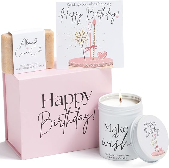 Happy Birthday Gift Box - Birthday Cake Candle & Soap Basket Set, Cute Candles Gifts for Women Unique Present Ideas for Her, Woman, Friend, Mom, Sister, Coworker, Employee, Female
