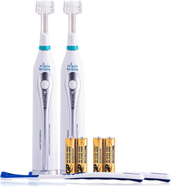 Triple Bristle GO Portable AA Battery Sonic Toothbrush, Two Pack | Travel, Three Powerful Modes, Soft Nylon Bristles, Also for Autistic & Special Needs Adults and Kids