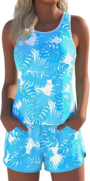 MODLILY Modest Coverage Womens Tankini Swimsuits with Pocket Shorts