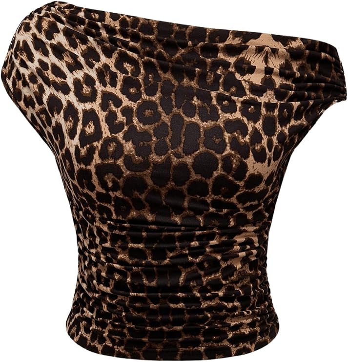 Floerns Women's Y2K Leopard Asymmetrical Neck T Shirt Sleeveless Tops