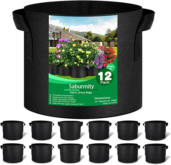 12-Pack 5 Gallon Grow Bags, Aeration Fabric Pots with Handles, Heavy Duty Cloth Pots for Plants