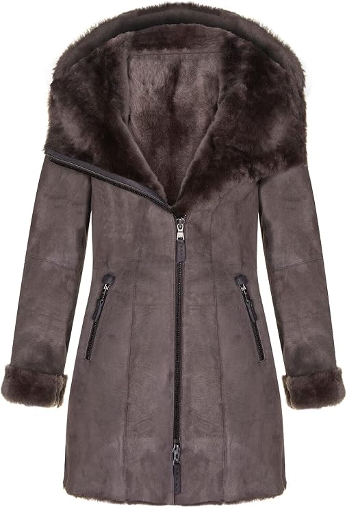 Ladies Hooded Shearling Sheepskin Merino Suede Leather Coat