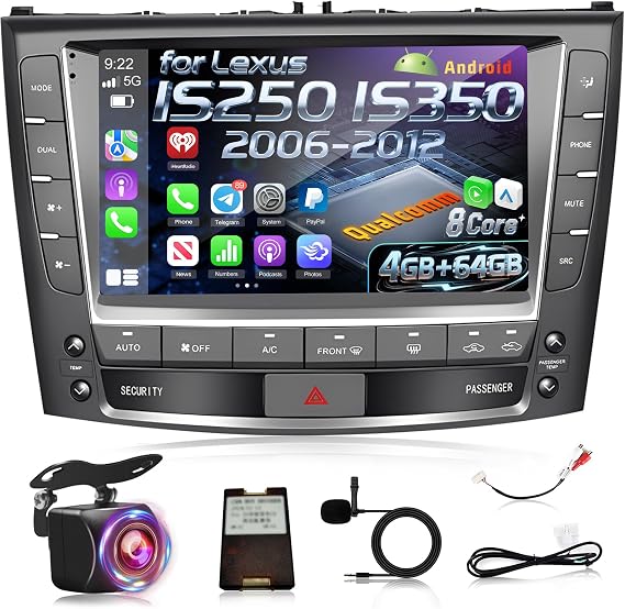 [8 Core 4+64G] Upgrade Android Radio for Lexus IS250 IS350 2006-2012, 9 inch IPS Touchscreen Carplay Stereo - 3D Car Model, Cooling Fan, 5G/WiFi, DSP Hi-Res, Custom UI Design + Backup Camera + Canbus