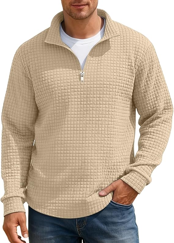 Mens Quarter Zip Pullover Quilted Sweatshirt Waffle Mock Neck Casual Long Sleeve Polo Sweater