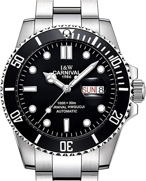 41mm Submariner Style Black Ceramic Bezel Black Dial Automatic Watch, Black, 41 mm, Bracelet Type