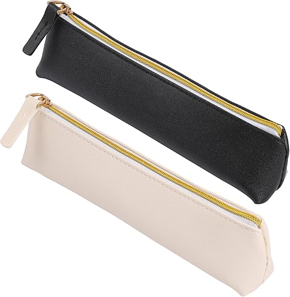 Vin Beauty 2 Pcs Leather Pencil Pouch, Slim Design Small Pencil Pouch Pencil Bag Zipper Pencil Case Bag Stationery Pouch Bag for Pens, Pencils, Markers(Black&Beige)