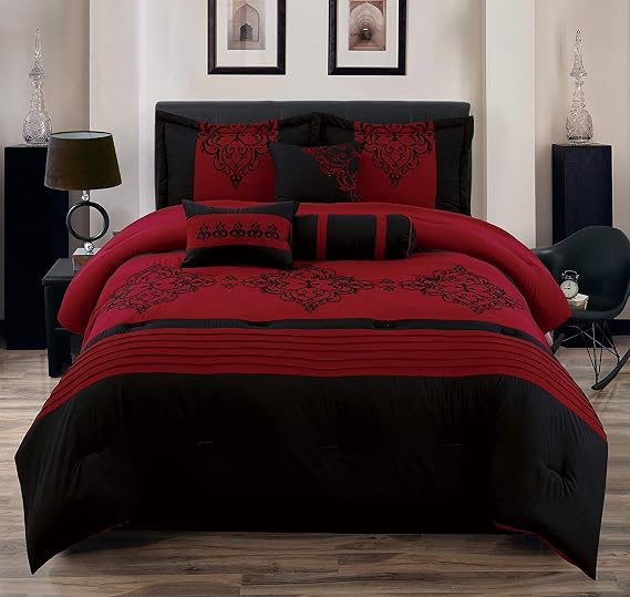 Empire Home 8 Piece Red & Black Oversized Flocking Comforter Set (Full)