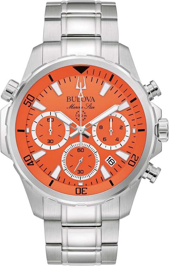Bulova Marine Star Orange Dial Stainless Steel Bracelet Watch | 43.5mm | 96B395