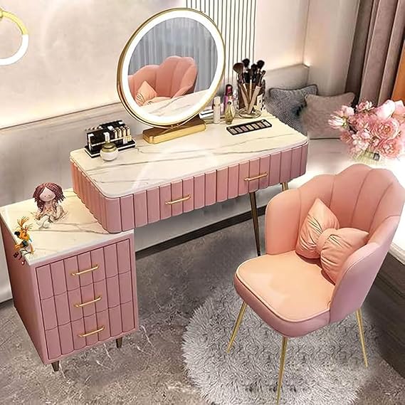 Vanity Makeup Table with 3 Lighting Modes Adjustable Brightness, Round Mirror and Chair, Bedroom Dressing Table with Storage