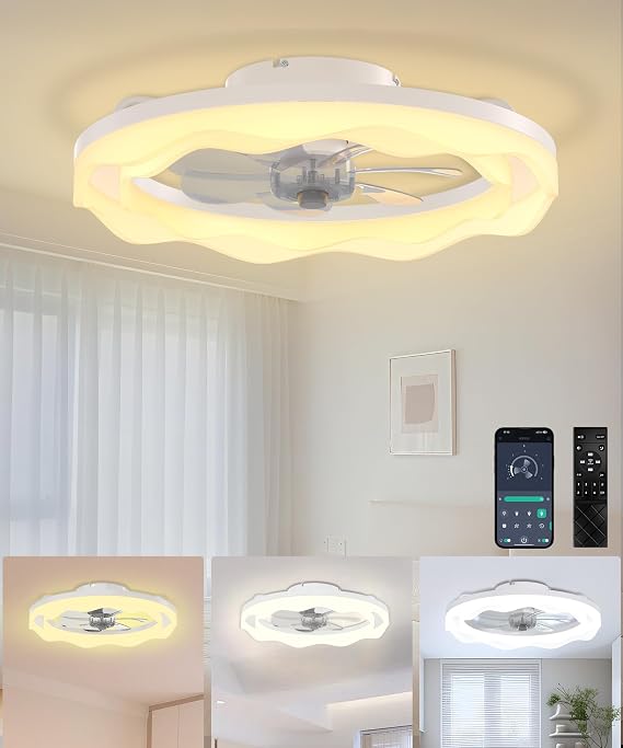 JAYNLT Ceiling Fans with Lights and Remote, 20" Black Low Profile Dimmable LED Fan 3000K-6500K, APP Remote Control 6 Wind Speeds Fandelier Flush Mount Modern Ceiling Fans for Bedroom（Voltage100–240V）