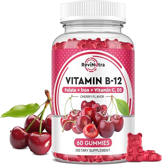 Vitamin B12 Gummies - 5000 mcg Methylcobalamin with Iron, Vitamin C, D3 & Folate, Energy Support and Metabolism, Immune, B-12 Complex Chewable Supplement for Men & Women, Vegan- 60 Count