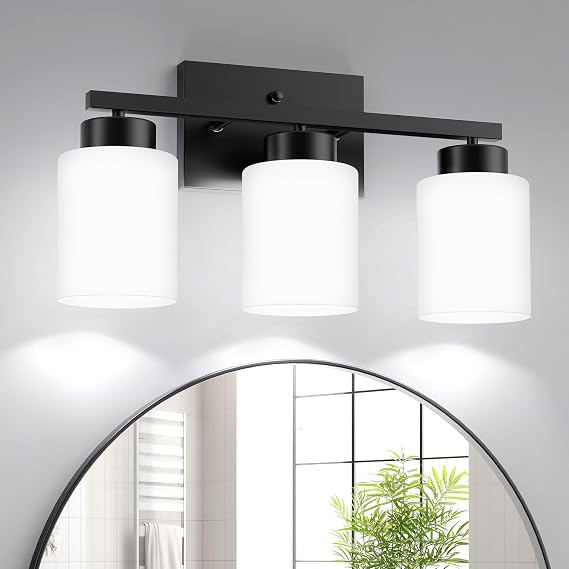 PARTPHONER 3-Light Matte Black Bathroom Light Fixtures, Modern Vanity Light Over Mirror Lighting, Wall Sconce with Frosted Milky White Glass Shades for Bedroom Living Room Kitchen Hallway